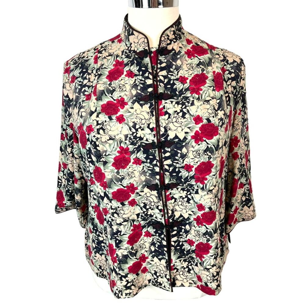 Top Lady Chinese Inspired Shirt Jacket Vintage Women Size XL to 1X Red Floral